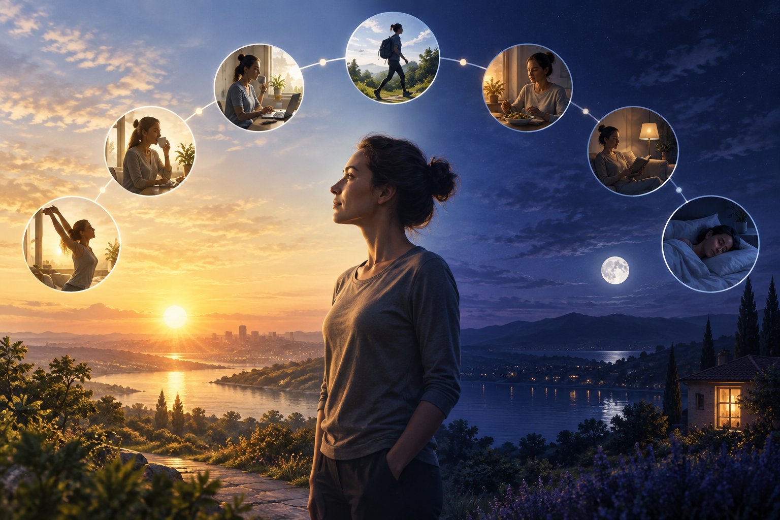 One person shown through a continuous transition from sunrise and daytime activity to night and sleep