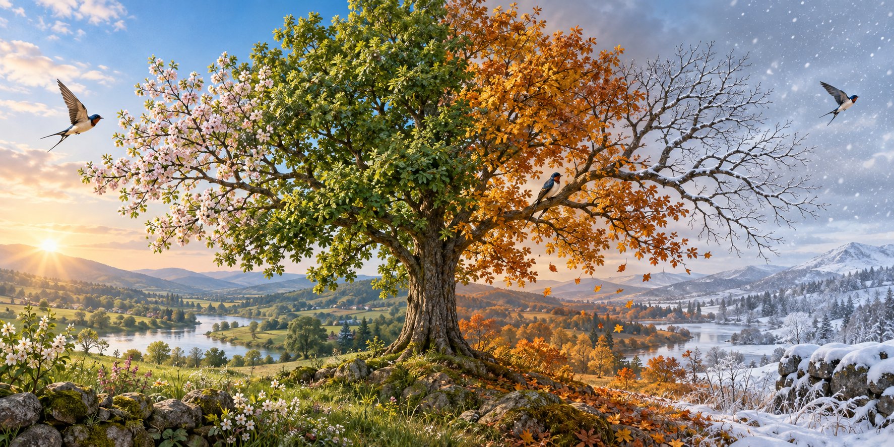One tree and migratory birds shown through spring, summer, autumn and winter