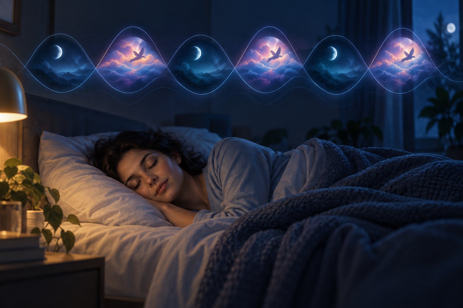 A sleeping person beneath several repeating dream and sleep waves