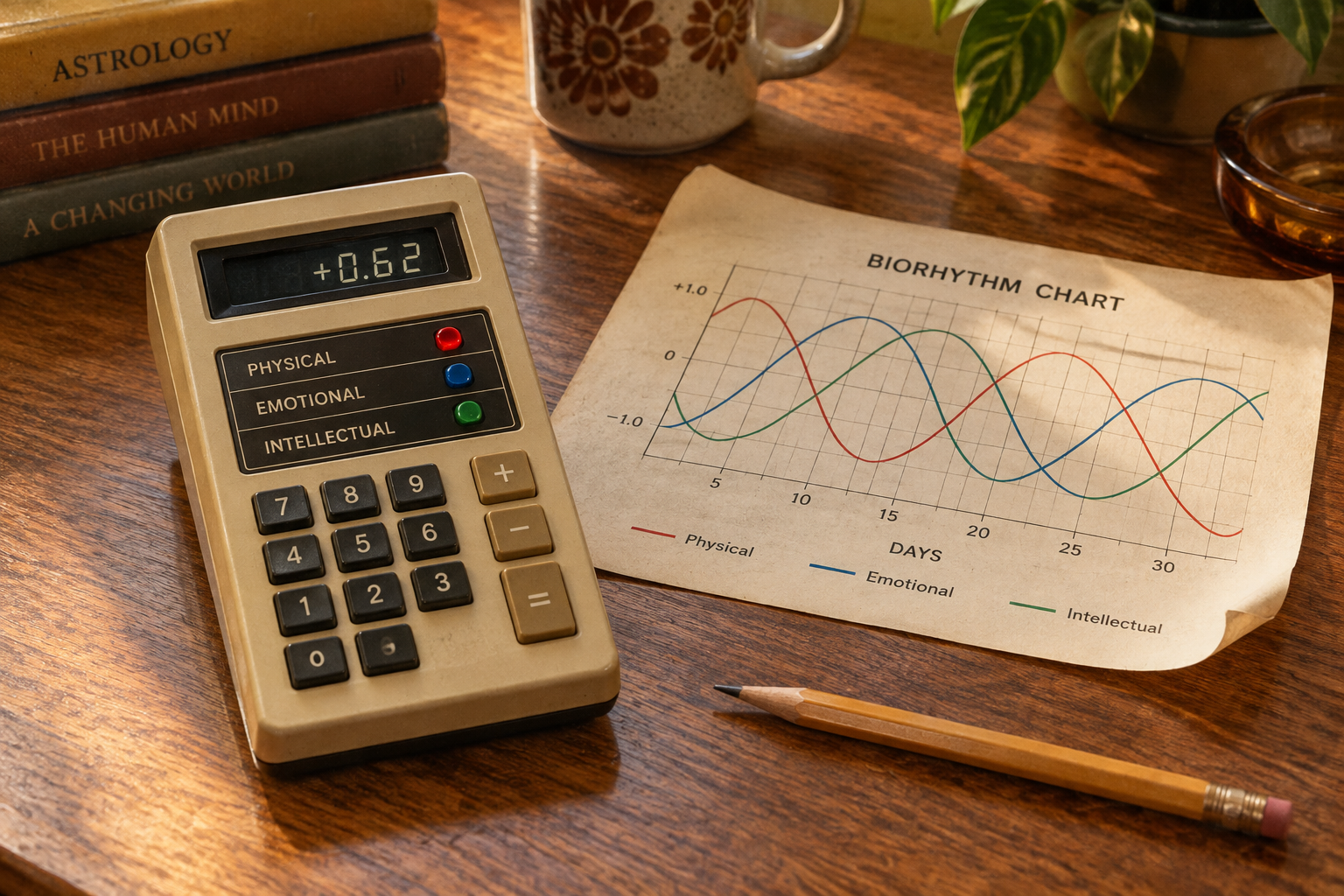 Editorial reconstruction of a late-1970s pocket biorhythm calculator beside a printed three-cycle chart