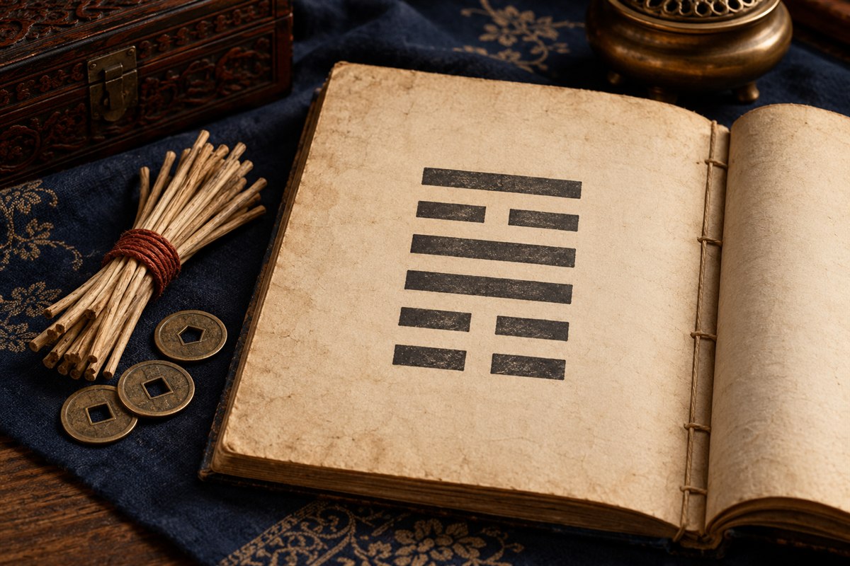 An open Book of Changes showing a six-line hexagram beside yarrow stalks and three coins