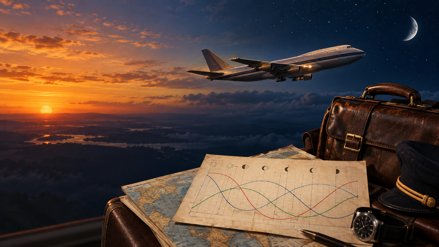 Editorial illustration of a 1970s passenger aircraft crossing from sunset into night beside a vintage biorhythm chart