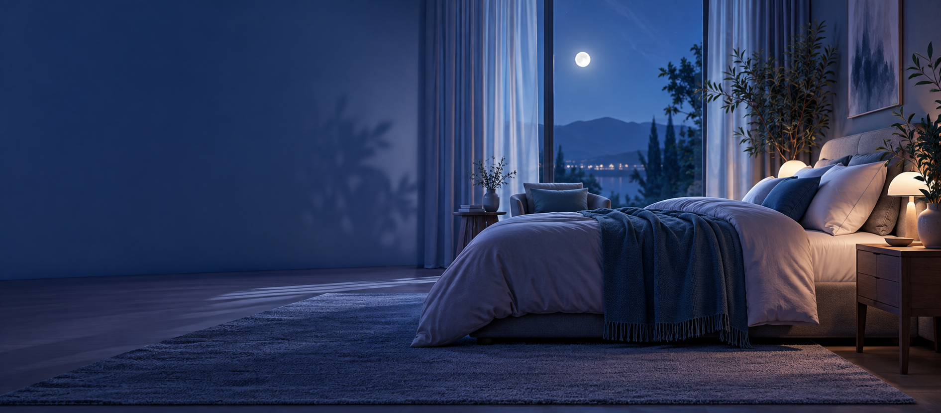 A calm moonlit bedroom prepared for sleep