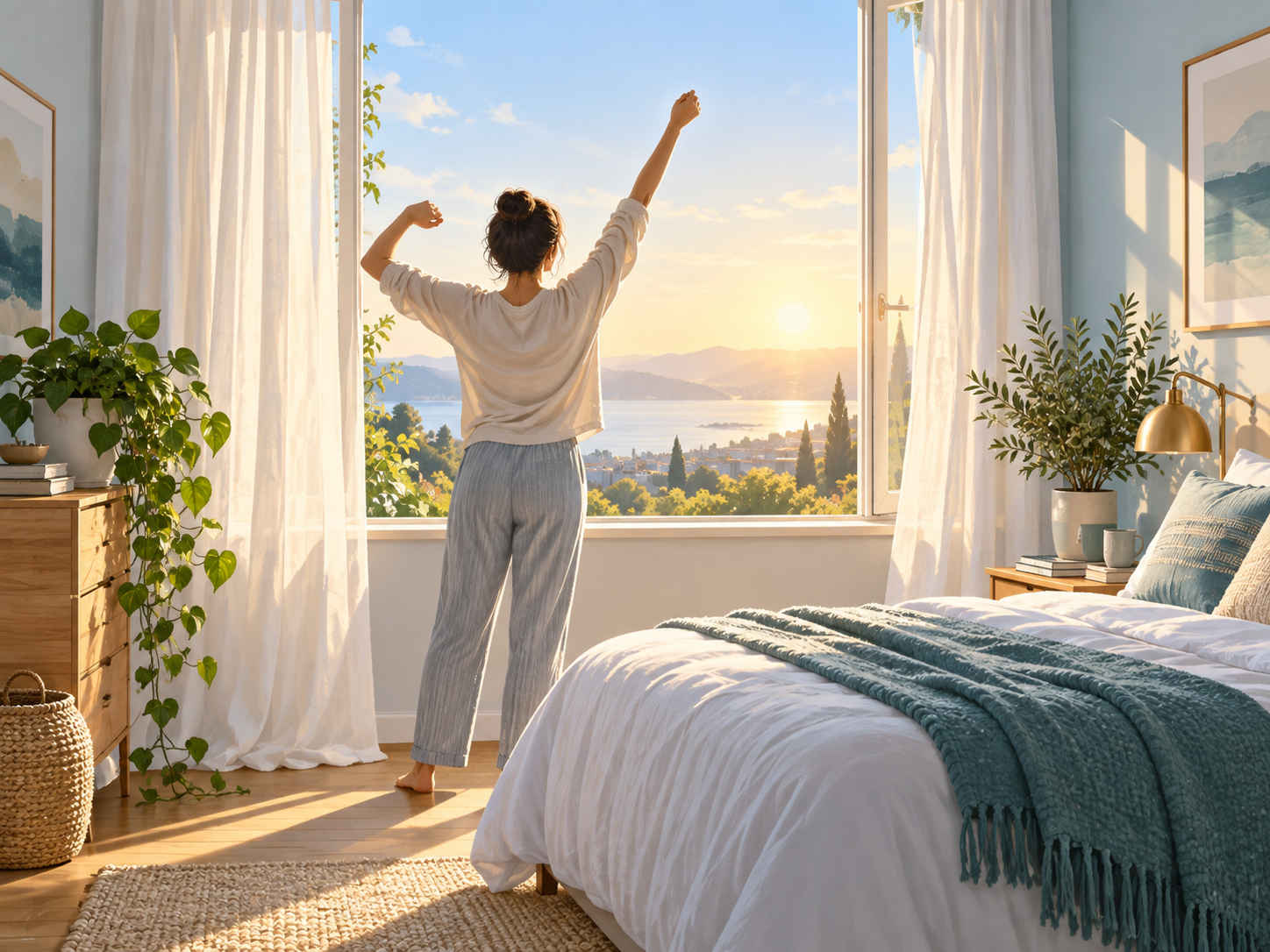 A person stretching beside an open window in gentle morning sunlight