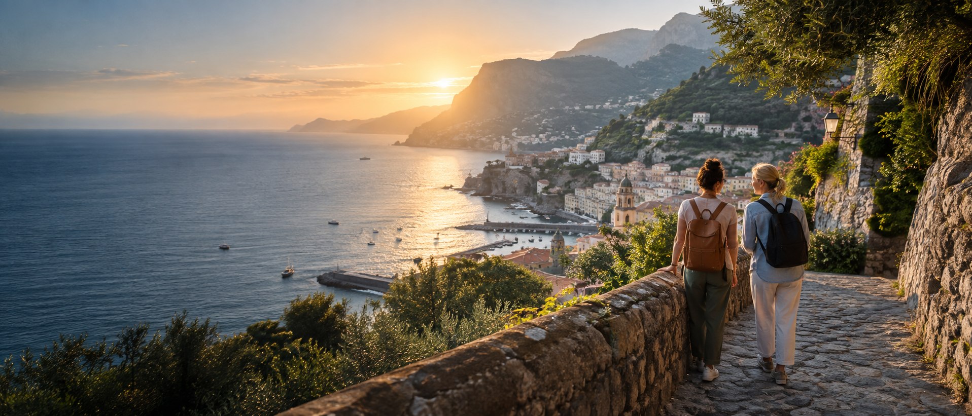 Two friends walking above a coastal town at sunrise