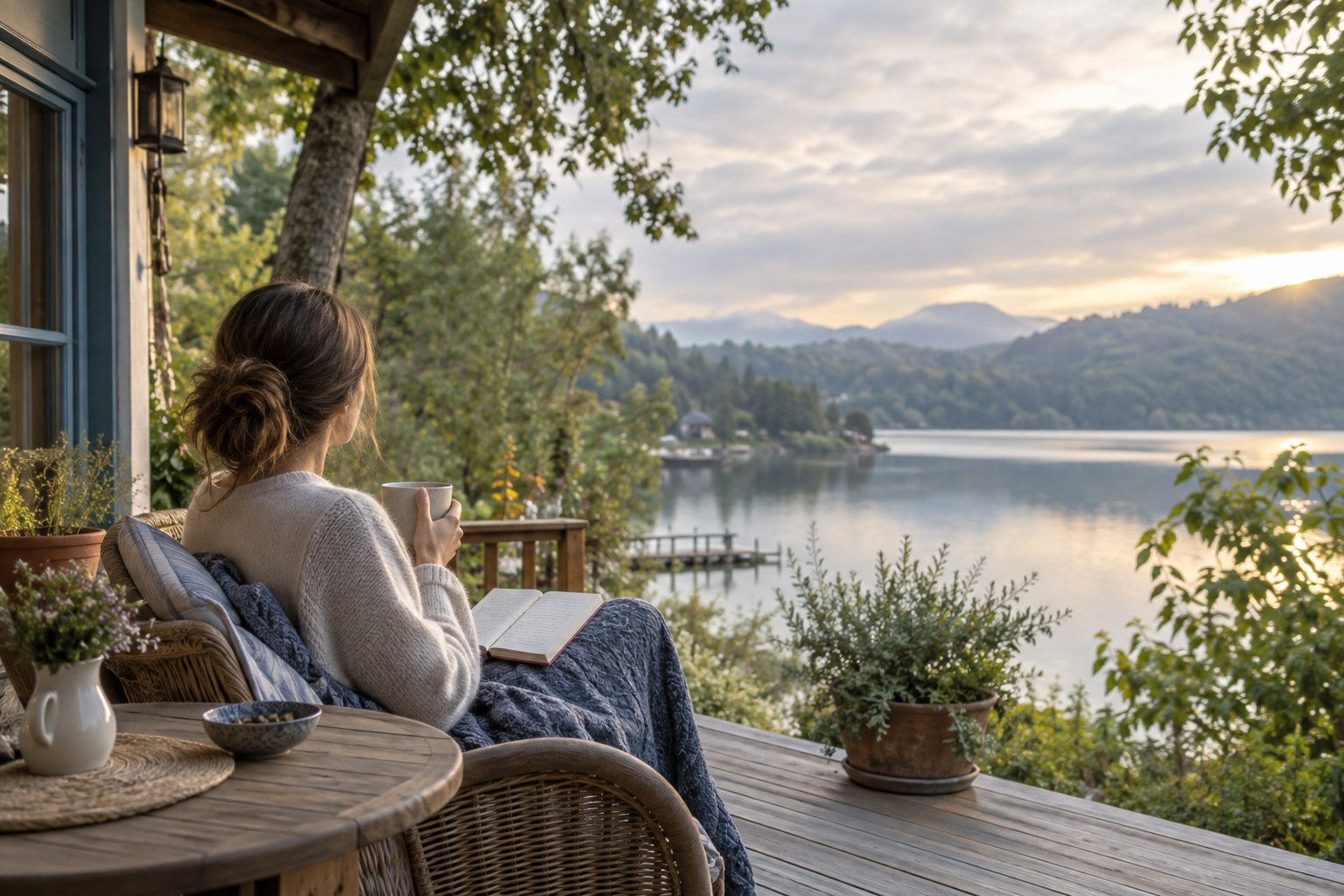 A traveller enjoying a quiet morning beside a lake with a warm drink and notebook
